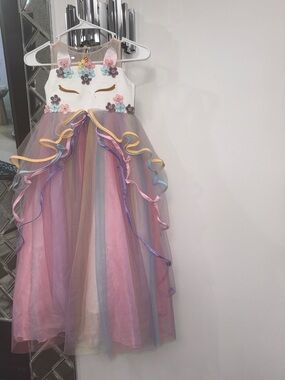 Unicorn Tulle Rainbow Girls Dress with layered ruffles